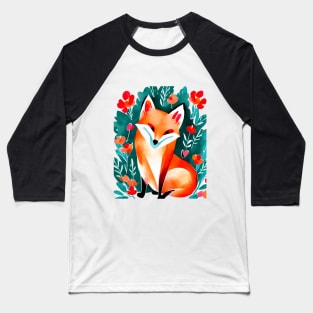 Cute Fox and Floral Watercolor, Cute Baseball T-Shirt